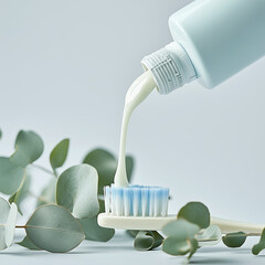 Toothpaste being gently squeezed from a white tube onto a toothbrush, with eucalyptus leaves in the background. Natural dental hygiene mockup idea. Green dentist products concept.