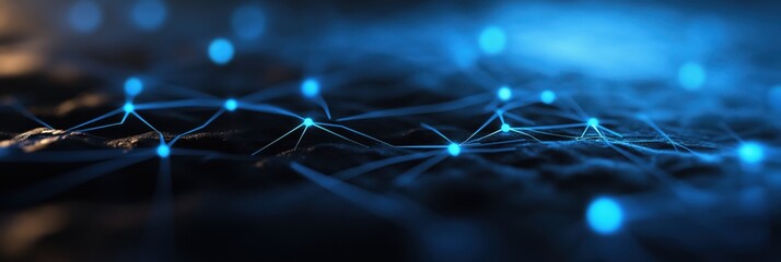A visually striking representation of a neural network, featuring interconnected glowing blue nodes against a dark backdrop, symbolizing modern technology advances.