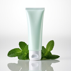 A minimalistic toothpaste tube in a soft green shade, placed upright with fresh mint leaves around its base. Natural dentist products concept. Green dental hygiene mockup idea.