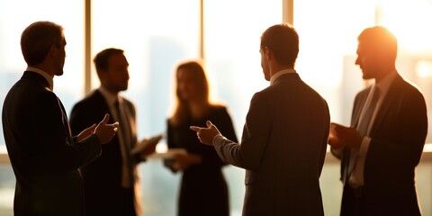 A group of silhouetted businesspeople engage in conversation during sunset in an office, symbolizing collaboration, networking, and professional dialogue.