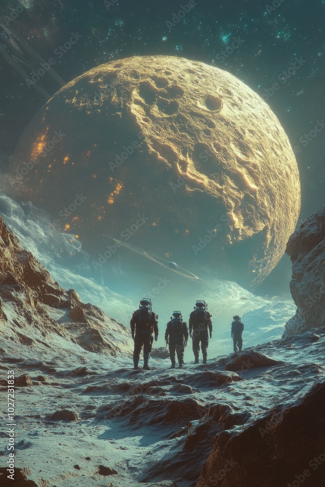 Canvas Prints Four astronauts stand on an alien planet, gazing at a large moon in the sky.