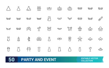 Party And Event line icons set, Party dress, Festival, Birthday, Happy, and more, minimal thin web icon collection. Pixel perfect, vector illustration.