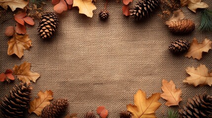 Fototapeta premium Autumnal Leaf and Pine Cone Border on Burlap