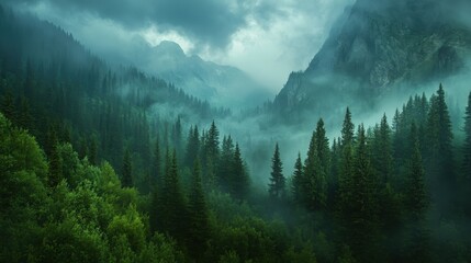 Misty morning envelops lush green mountains and dense pine forests