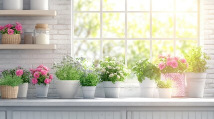 Fototapeta premium Bright Indoor Garden with Colorful Flower Pots