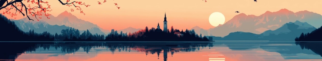 Fototapeta premium Vintage travel poster showcasing a serene lake and mountains at sunset