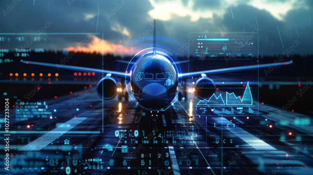 Poster aerial view of an airplane on the runway at twilight with holographic data analytics and cost-reduct