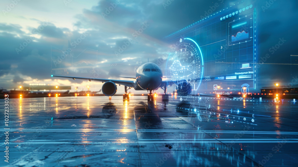 Poster aerial view of an airplane on the runway at twilight with futuristic data analytics overlay showcasi