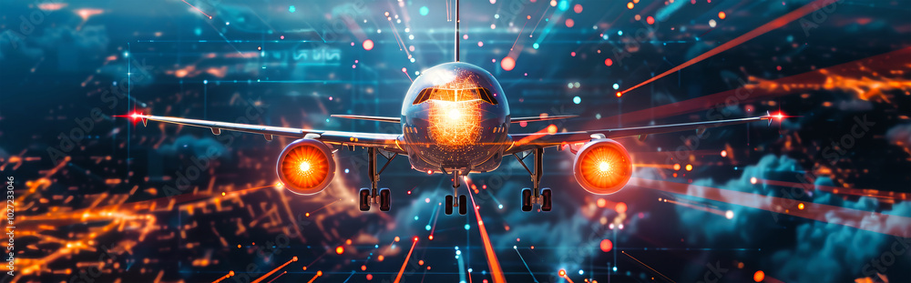 Poster futuristic airplane flying through the sky with digital data streams and graphs, representing modern