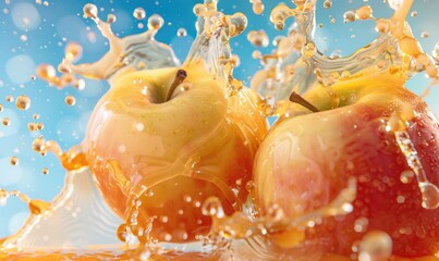 Crisp red apple surrounded by a dynamic explosion of water against a backdrop of submerged apples, creating a sense of freshness