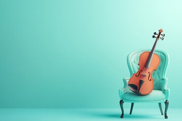 Violin on the chair on mint color background