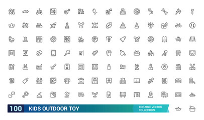 Kids outdoor toy icon set. Playground icon set. Related to children parks, slide, amusement. Modern outline icons. Editable stroke, Pixel perfect, vector illustration.