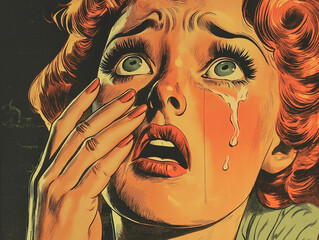 A comic book panel from the 1940s featuring an extreme close up of a beautiful redheaded woman looking anxious and crying with her hand up near her mouth