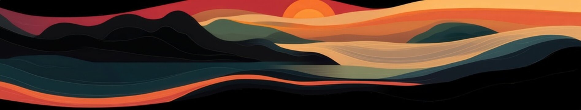 Vintage travel poster with serene landscapes and vibrant sunset
