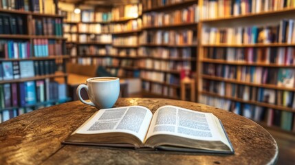 Open Book and Coffee Cup on a Wooden Table in a Library Setting