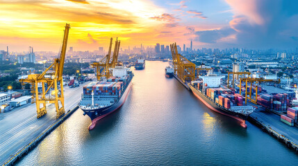 Fototapeta premium Aerial view of cargo ships and cranes at a bustling industrial port during sunset, showcasing logistics and transportation activities
