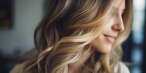 Beautiful laughing  model girl with long curly hair. Studio shot. Beauty saloon. Selective focus. Generative AI.