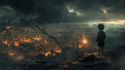 Child ruins hope. A lone child stands amidst a city engulfed in flames, symbolizing the loss of hope and the devastation of war.
