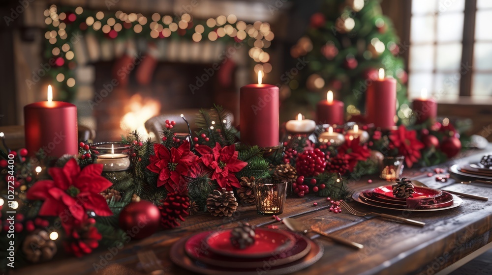 Aufkleber a table is set with red candles and a christmas tree in the background