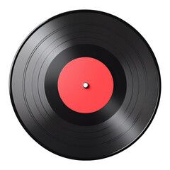 3D vinyl record featuring a bold red center label, with intricate grooves and realistic texture. Isolated on transparent background, png.