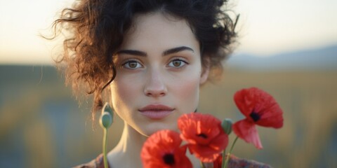 Naklejka premium Young woman in a vintage dress holding a red poppy flower up to her face in a vibrant field of poppies. Generative AI.