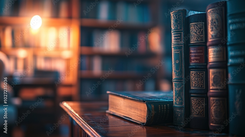 Poster Vintage Books on a Wooden Table in a Library Setting