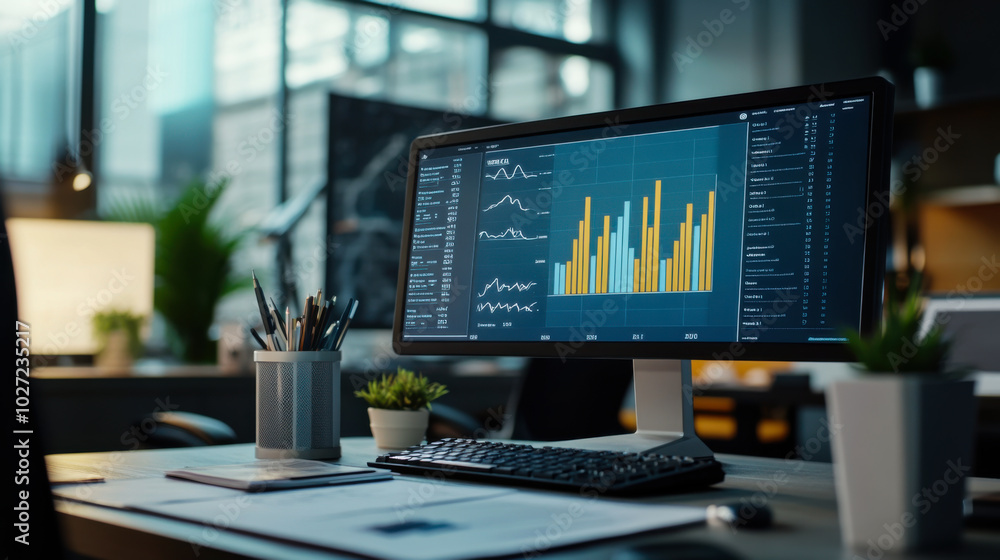 Poster modern office workspace with data analytics displayed on a large monitor in the evening light