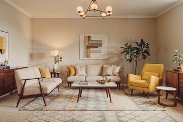 Fototapeta premium Elegant living room interior with neutral shades and modern furniture, cozy atmosphere