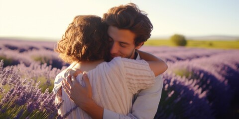 A young couple hugs in a lavender field. Family posing in nature. Generative AI.