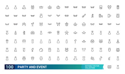 Party And Event line icons set, Party dress, Festival, Birthday, Happy, and more, minimal thin web icon collection. Pixel perfect, vector illustration.