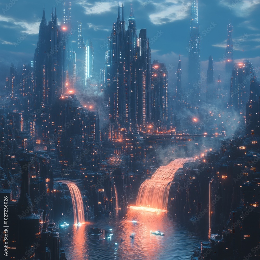 Canvas Prints Futuristic city skyline with waterfalls and glowing lights.