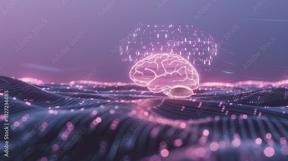 Aufkleber digital brain landscape. abstract digital brain image in glowing landscape representing knowledge, p