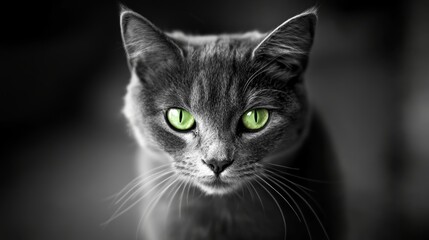 A black-and-white portrait of a cat, highlighting its intense green eyes against a blurred background
