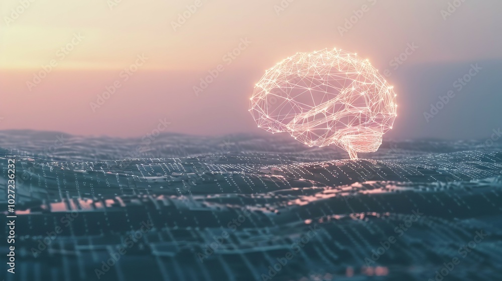 Aufkleber digital brain waves. abstract illustration of a glowing brain on a wavy surface, representing the in