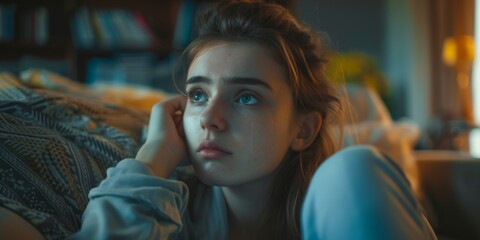 Fototapeta premium Sad depressed tired girl sitting in the bedroom. Thinks about problems. Generative AI.