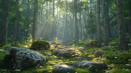 Obraz premium Sunbeams Illuminating a Mossy Forest Floor with Rocks and Mushrooms