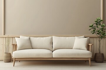 Cozy minimalist living room with a wooden sofa.