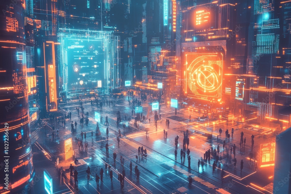 Poster Futuristic city with glowing neon lights and digital screens.