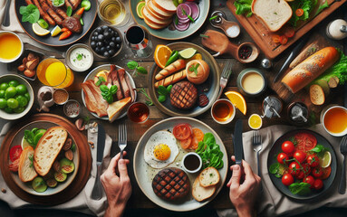 A luxurious breakfast table filled with a variety of dishes, including fresh bread, eggs, vegetables, and juices, offering a rich and vibrant culinary experience