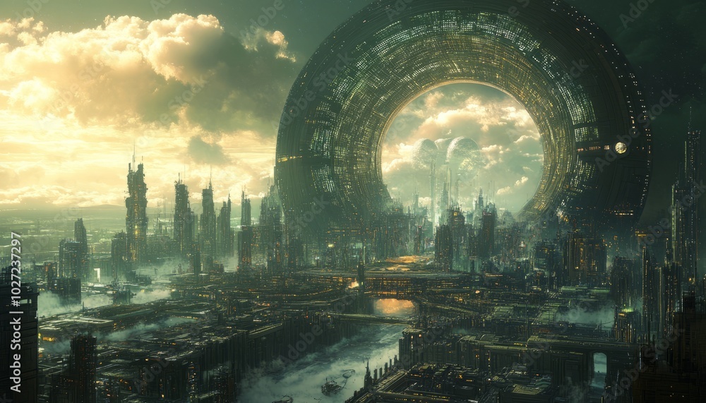 Sticker Futuristic cityscape with a giant ring structure in the sky, revealing a glimpse of a distant planet.