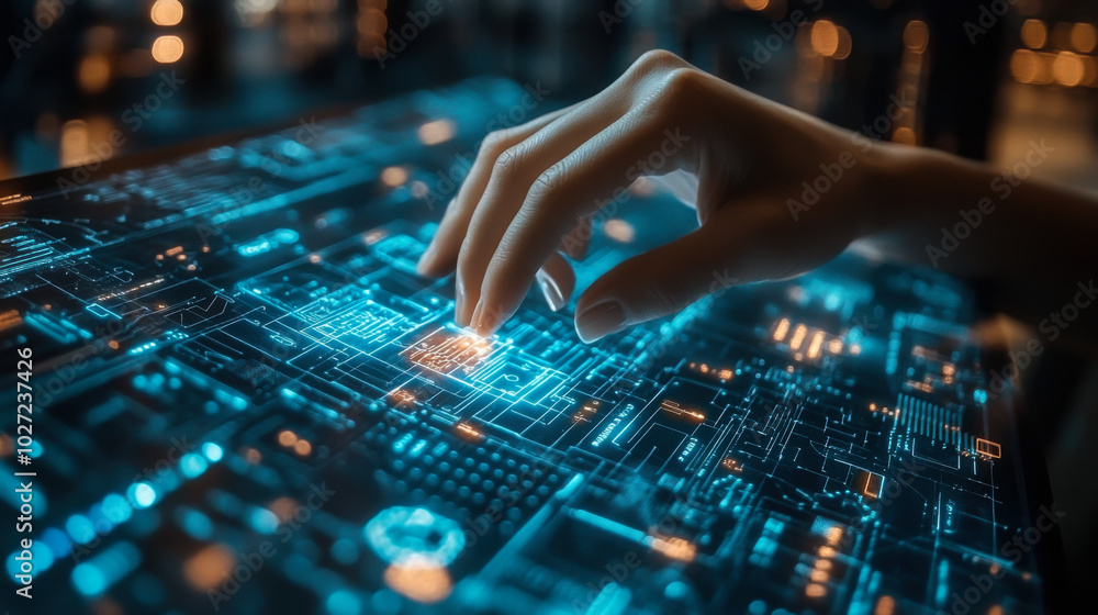 Poster futuristic hands interacting with a glowing digital interface in a dimly lit environment showcasing 