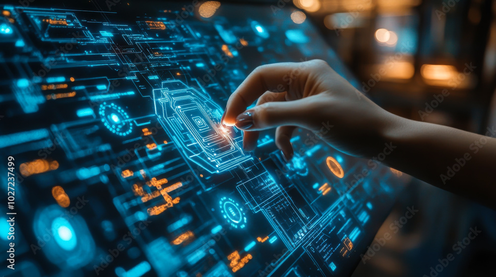 Poster futuristic hands interacting with a glowing digital interface in a dimly lit environment showcasing 