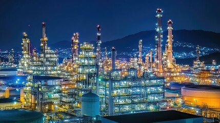 Obraz premium Industrial Complex at Night with Bright Lights