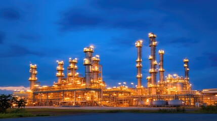 Obraz premium Industrial Complex Under Evening Sky with Illumination