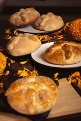 Pan de Muerto. Typical Mexican sweet bread that is consumed in the season of the day of the dead. It is a main element in the altars and offerings in the festivity of the day of the dead.