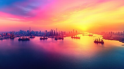 Naklejka premium Vibrant Sunset Over City Skyline and Waterway