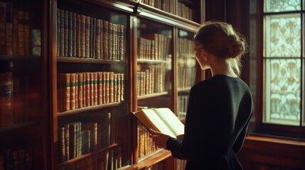 Woman Reading a Book in a Library with Classic Literature