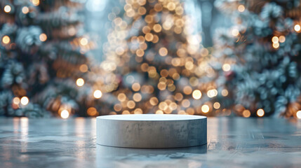 A white podium for an object on the background of Christmas trees