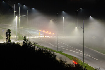 street lights on a city street on a foggy evening © Stepan