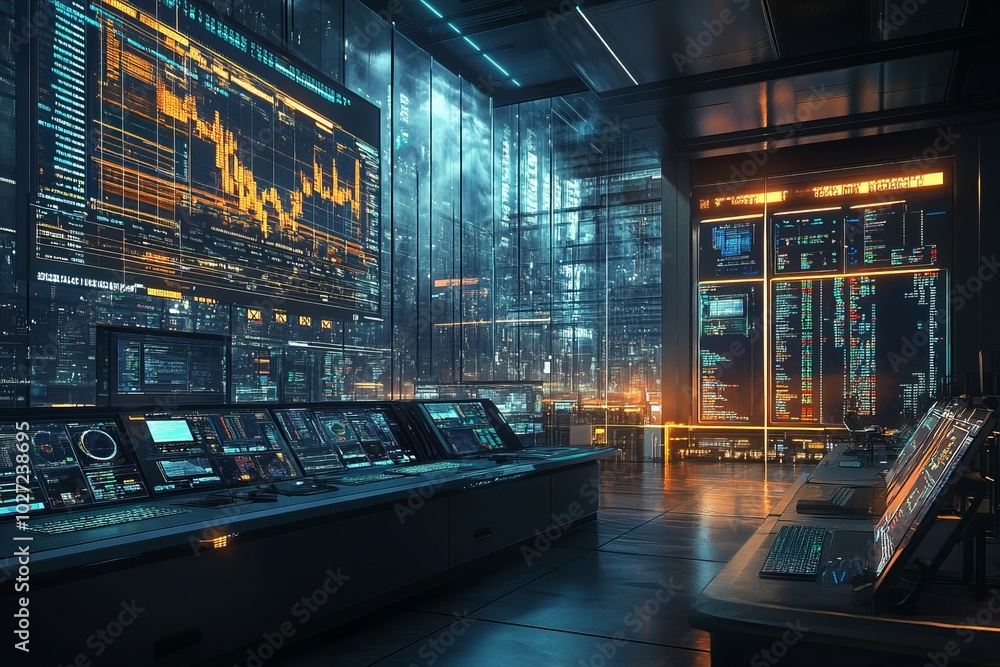 Poster Futuristic control room with city view and glowing screens displaying data.